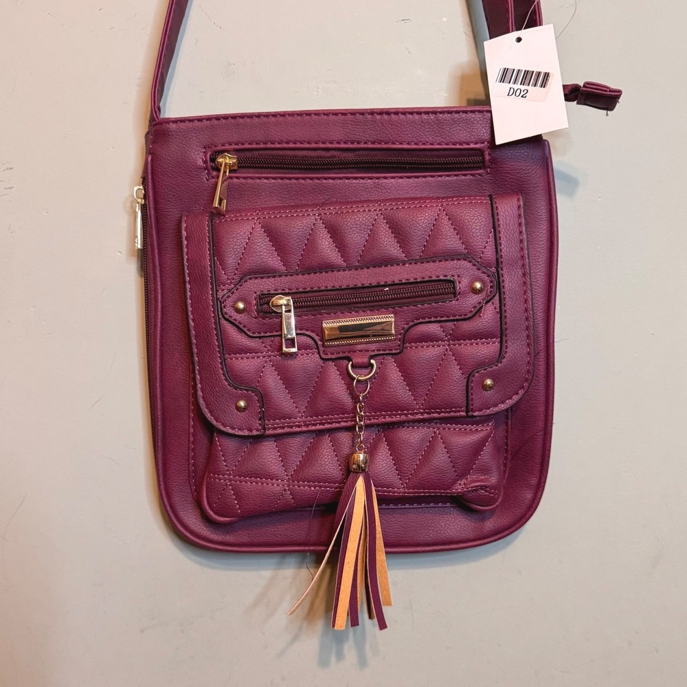 NWT Unbranded Quilted Tassel Crossbody Bag Burgundy Faux Leather